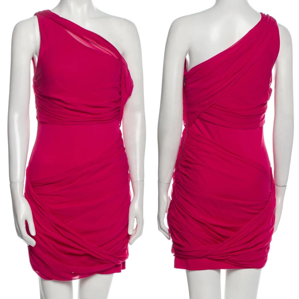Alice + Olivia Bright Pink One Shoulder Silk Blend Mini Dress Size Large Sheath